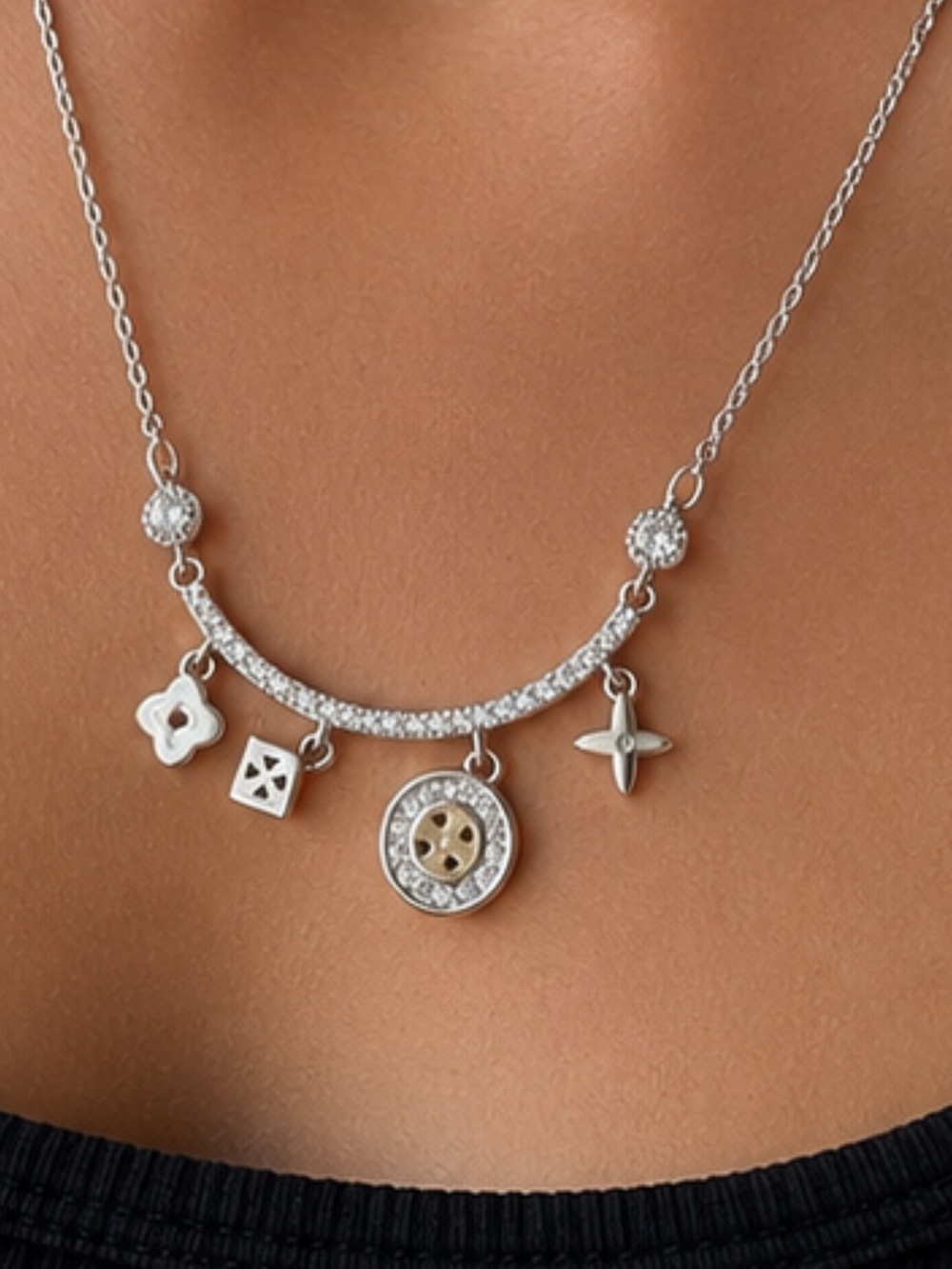 NEW! 14k White Gold Plated Multi-Charm Pavé Crescent Necklace - 15-17”